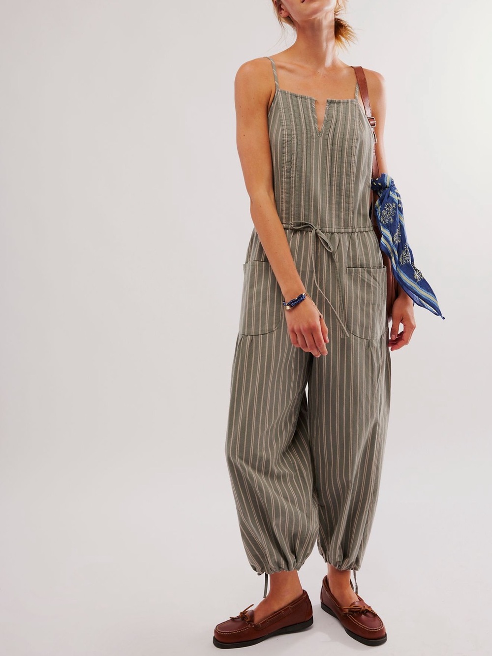 Striped Free People Olive Green Spaghetti-Strap Jumpsuit